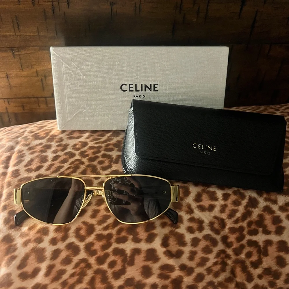 Celine Gold and Brown Geometric Sunglasses - Picture 2 of 6